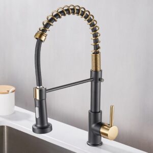 Alternative view of All copper spring faucet, kitchen sink with rotatable pull-out paint, black and gold dots